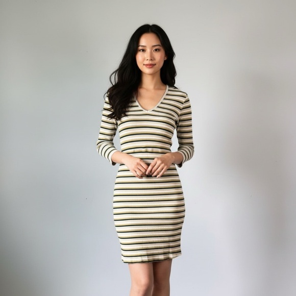 ALYA | Striped Ribbed Dress V-Neck Dress Sz M - Picture 1 of 8